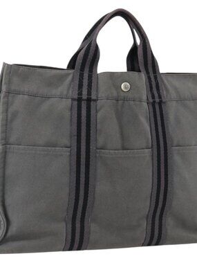 HERMES Fourre Tout MM Hand Bag Canvas Gray Silver Auth ti3711